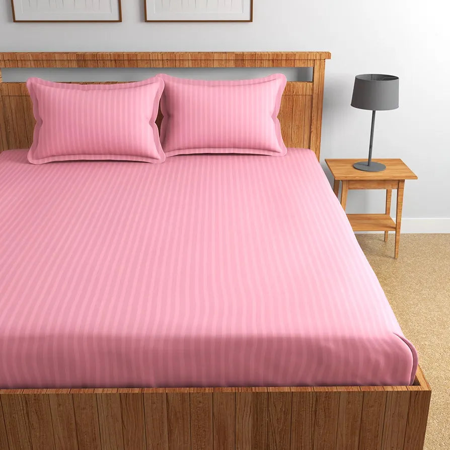 Homefab India 160 TC Stripe Glace Cotton Double BedSheet with 2 Pillow Covers -  - Baby Pink
