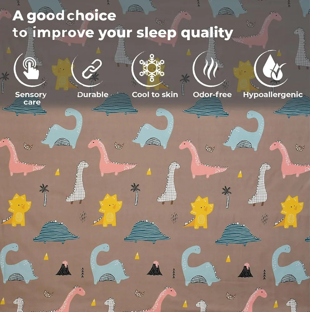 FRESH FROM LOOM Wrinkle Free Glace Cotton 300 TC Elastic Fitted Bedsheet For Kids With 2 Pillow Cover| Soft Skin Friendly|Anti Fade |Rosy/Dinosaur)