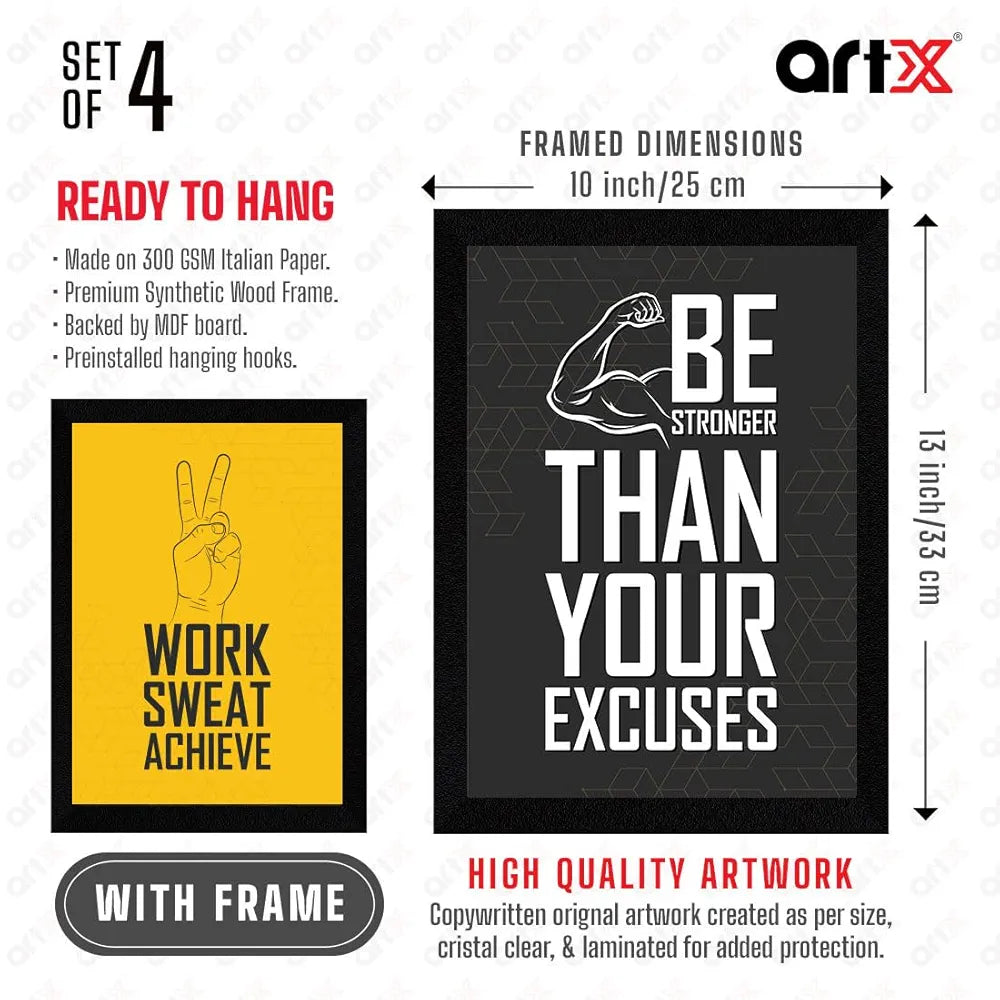 ArtX Paper Gym Big Health Quotes Wall Frame Art Painting, Multicolor, Inspirational, 10X13 inches each, 20 X 26 inches combined, Set of 4