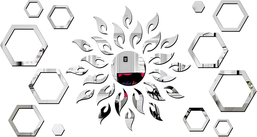Bikri Kendra - Art BK71, Sun with Hexagon Ring 2 Set - 3D Acrylic Mirror Stickers for Wall 
