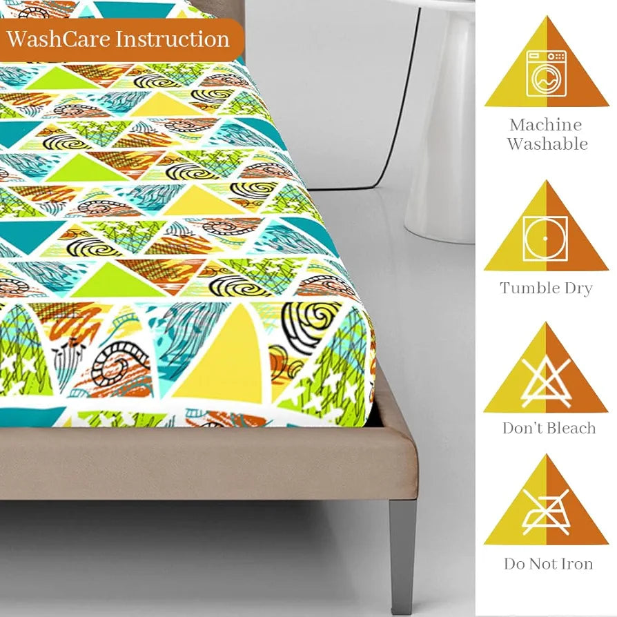 Divine Casa 144 TC Cotton Geometric Print Queen Size Double Bed Elastic Fitted Bedsheet with 2 Pillow Cover 