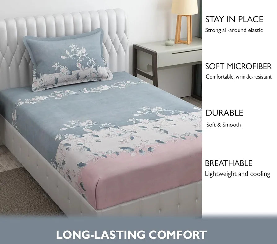 Fresh From Loom Single Bed Floral Print Microfiber Bedsheet Set - 240 TC, Anti Fade, Includes 1 Pillow Covers 