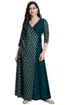 Janasya Women's Peacock Green Crepe Foil Print Angarkha Kurta