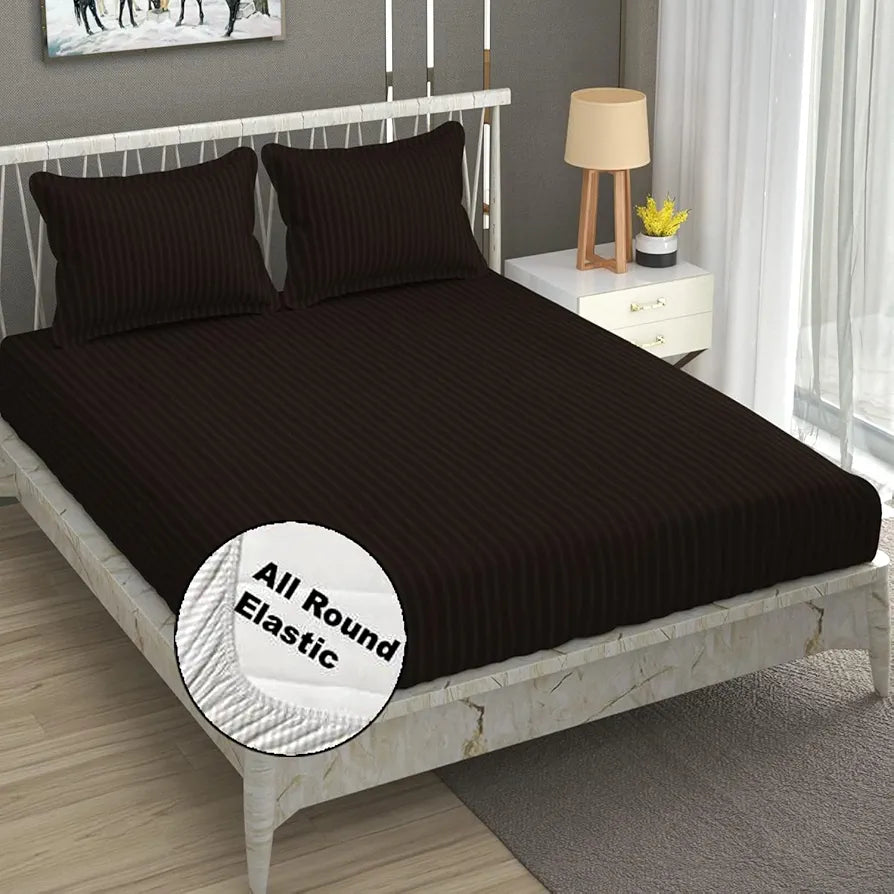 FRESH FROM LOOM 240 TC Satin Striped Elastic Fitted Bed Sheets King Size Bed with Two Pillow Cover|Soft Bed Covers for Mattresses Tuck in|, Multicolor