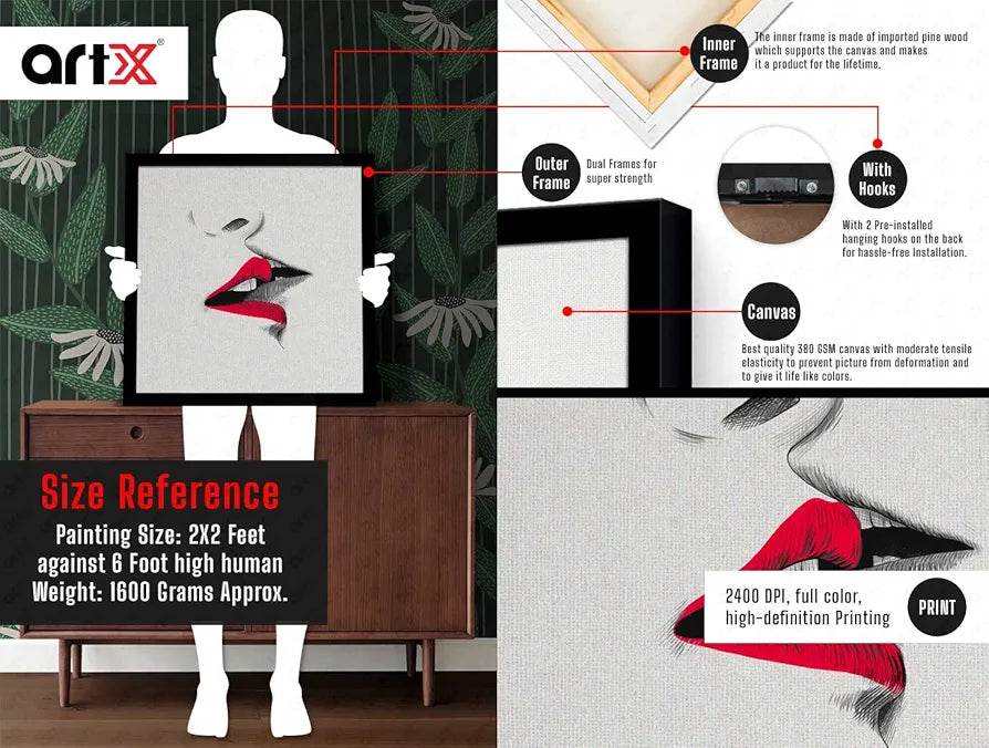 ArtX Kiss Romantic Love Abstract Painting Big Canvas Valentine's Day For Bedroom With Frame, Multicolour, Square, 24.0 x 24.0 inch, 2x2 Feet, Set Of 1