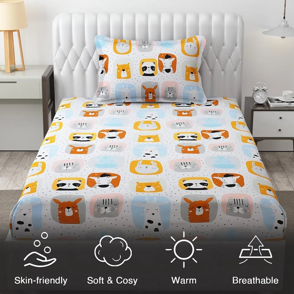 FRESH FROM LOOM Glace Cotton 300 tc Wrinkle Free Soft Hypoallergenic Elastic Fitted Cartoon Printed|Bedsheet For Boys & Girls Room |Cream/Panda), Smallsingle