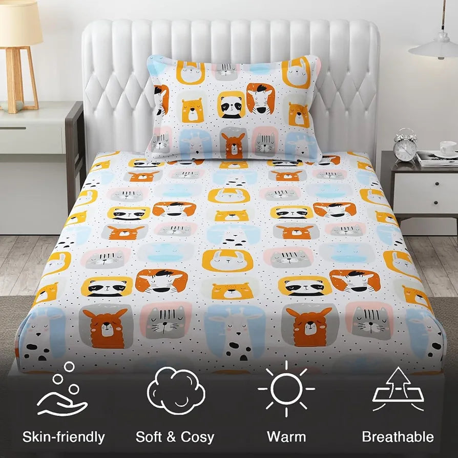 FRESH FROM LOOM Glace Cotton Wrinkle Free Soft Hypoallergenic Bed Sheet|Cartoon Printed|Single Bedsheet Kids Bedsheet For Boys & Girls Room With One Pillow Cover , 144 tc