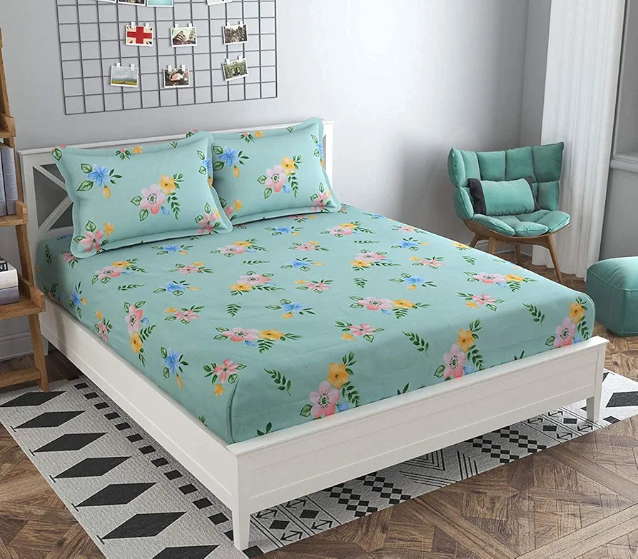 THE HOME STYLE Cotton Feel Glace Cotton Printed Double Bed Bedsheet With 2 Pillow Cover 300 TC_90X100 Inches 