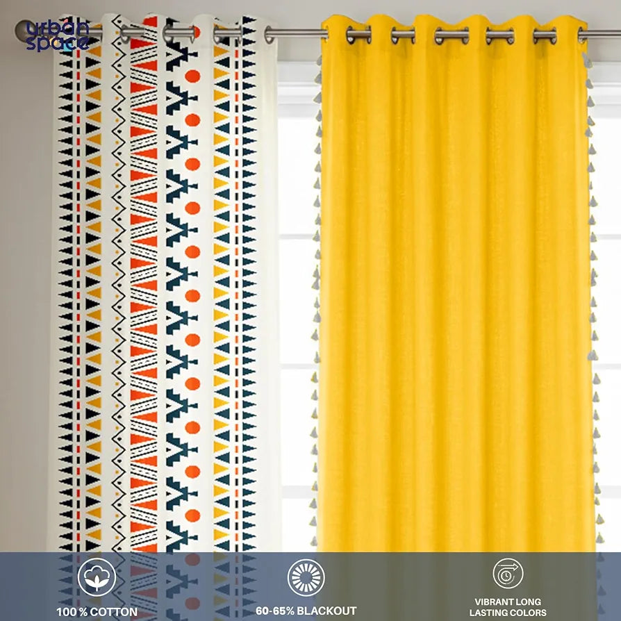 Urban Space Geometric 100% Cotton Curtains For Door, Set Of 3 Curtains 7 Feet Long, 60-65% Room Darkening Curtain, Tieback & Eyelets Included With Curtains For Home Decor 