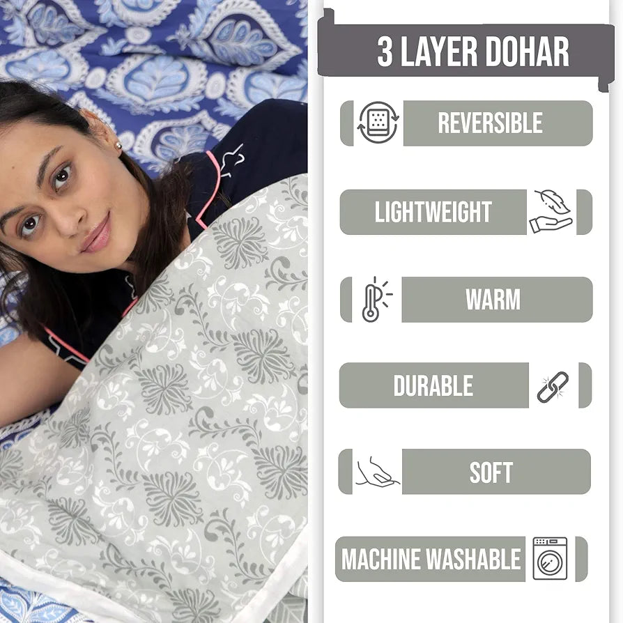 Divine Casa 120 GSM 100% Cotton Cambric 3 Layered Super Soft Jaipuri Razai Single Bed for Mild Winter | Light-Weight AC Room Blanket | Printed Reversible Dohar- Glacier Grey| TC - 120