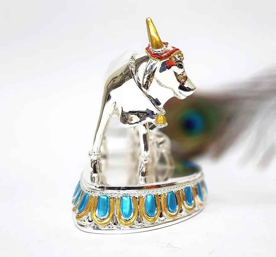 Gold Art India Kamdhenu Cow with Calf 999 Silver Plated Plain | Large Size Vastu & Feng Shui Figurine | Divine Gaumata for Home & Office Decor | Handcrafted with Blue & Gold Accents 