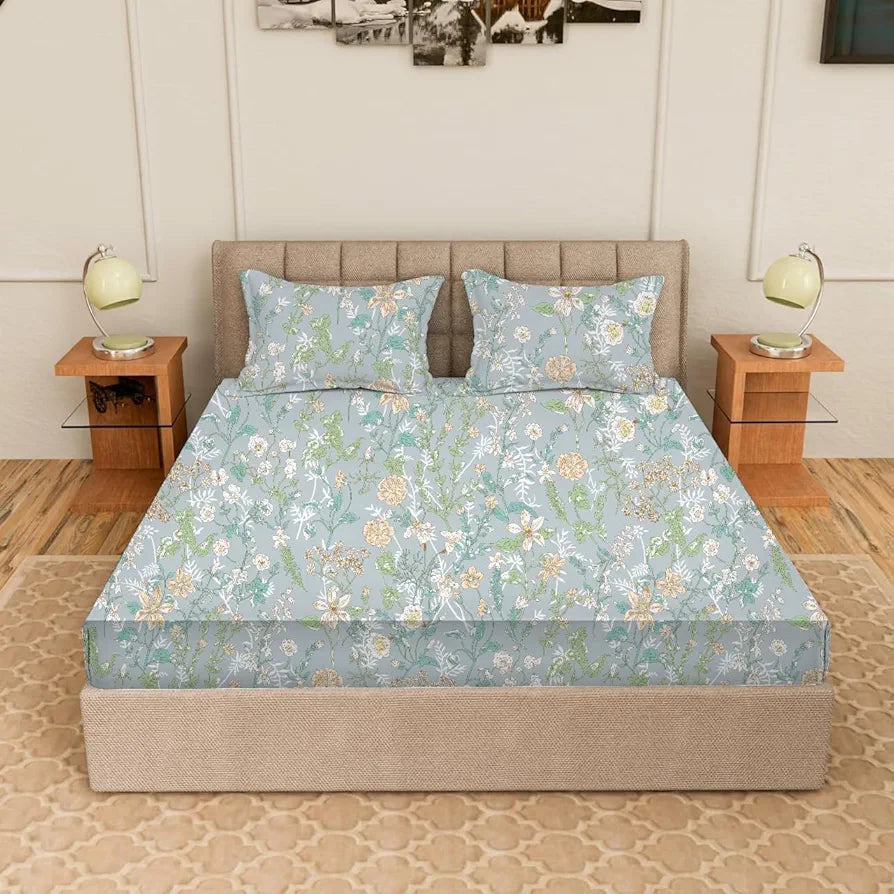 Trance Home Linen Skin Friendly 100% Cotton Printed Fitted Bedsheet for Queen Size Bed with 2 Pillow Cover - Premium 180TC 