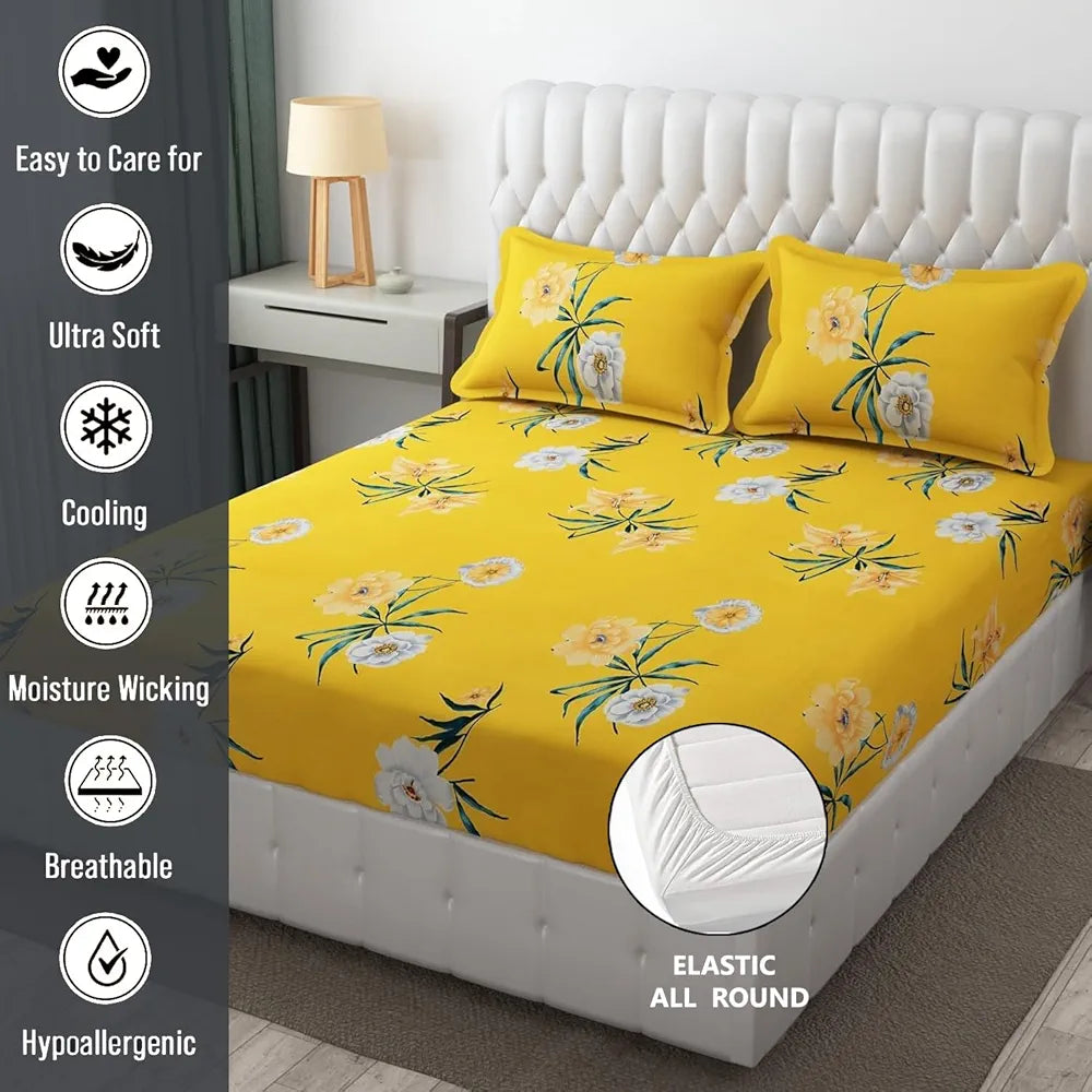 FRESH FROM LOOM King Size Soft Glace Cotton Fitted Floral Bedsheet With Two Pillow Cover,Elastic Fitted Bed Sheets,Hypoallergenic,Peach Yellow),144 TC