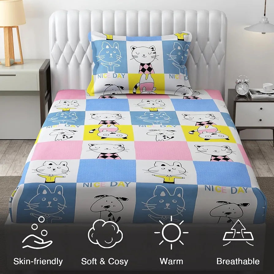 FRESH FROM LOOM Hypoallergenic Glace Cotton Kids Single Bedsheet-Rotary Printed,Wrinkle Free With 1 Pillow Covers,144 TC