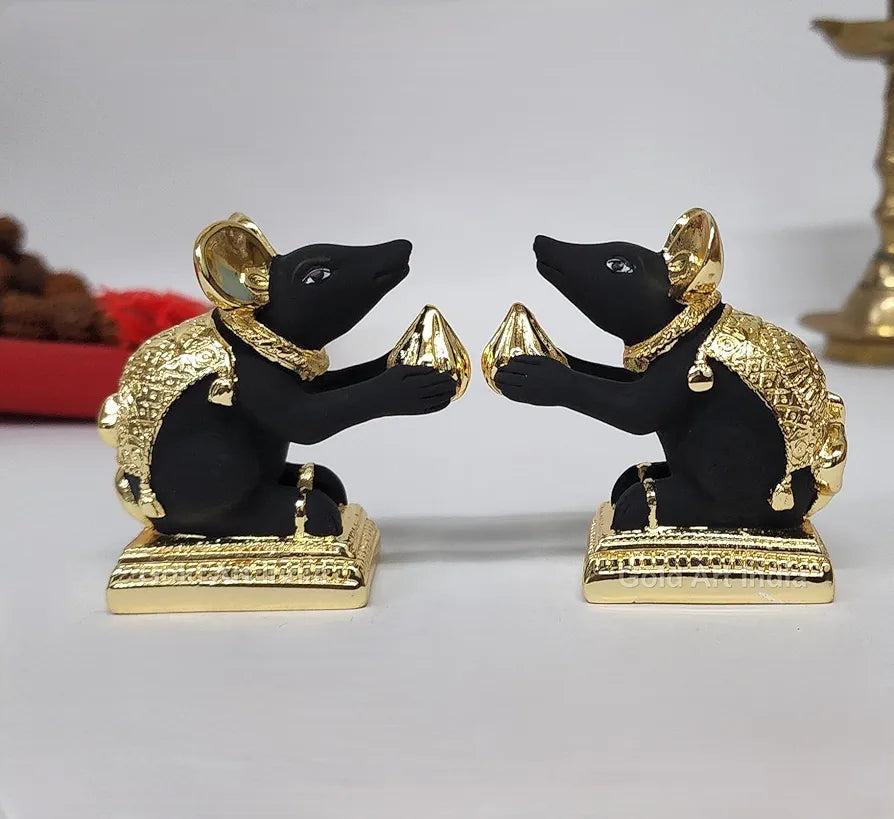 Gold Art India Gold-Plated Mushak  Mouse Pair with Modak | Black Terracotta Finish | Mouse Idol | Vehicle  of Lord Ganesha | 2.5 Inch Height | Mandir 
