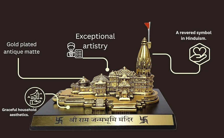 Gold Art India Ram Mandir Ayodhya Gold Plated Antique - Minature for Gifting, Puja Room, Office Desk, Home Decor 