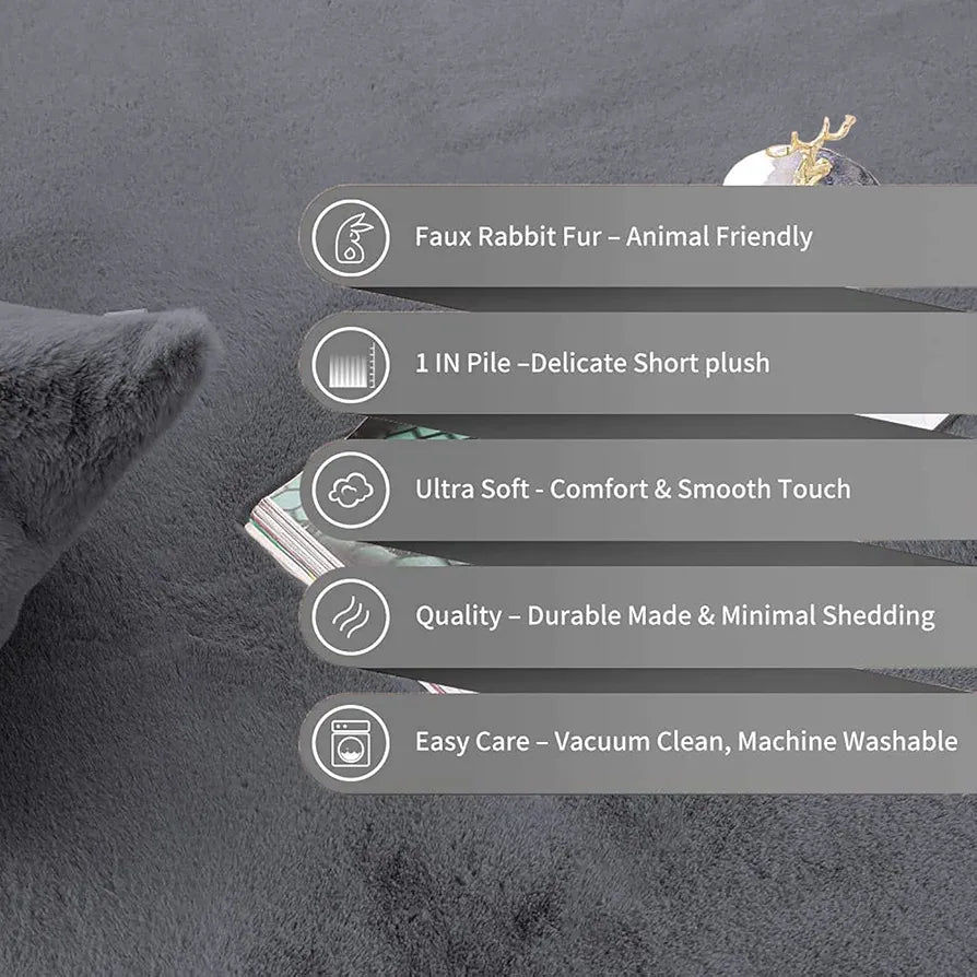 LUXE HOME INTERNATIONAL Ruffle Floor Rug Rabbit Fur 1000 GSM Living Room Foot Mats Anti Skid Water Absorbent Easy Machine Washable Rectangular Rug for Bedroom|Floor|4 X 6 Ft|Grey|Pack of 1