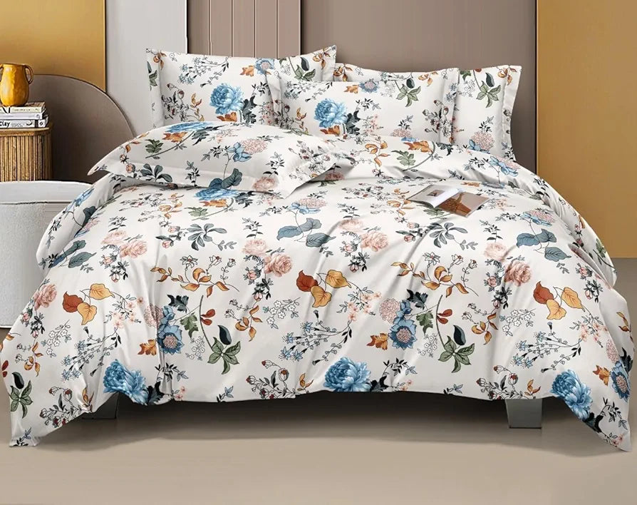 THE HOME STYLE Cotton Feel Glace Cotton Elastic Fitted Printed Double Bed King Size Bedsheet With 2 Pillow Cover 300 TC  White