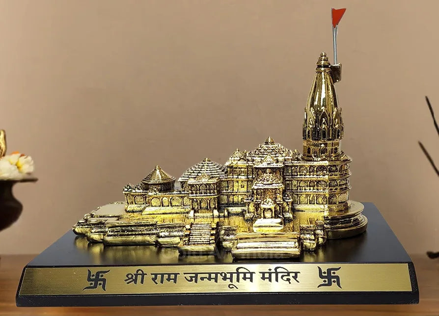 Gold Art India Ram Mandir Ayodhya Gold Plated Antique - Minature for Gifting, Puja Room, Office Desk, Home Decor 