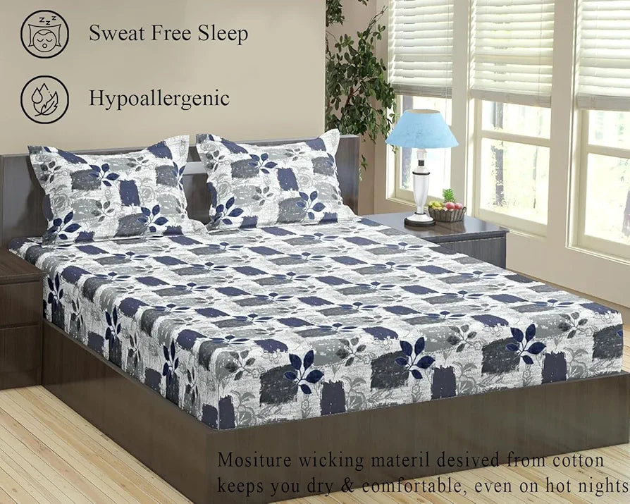 Trance Home Linen 100% Cotton 144Tc Elastic Fitted Bedsheet | Printed Single Bed Size Elasticated Fitted Bedspread with 1 Pillow Cover 
