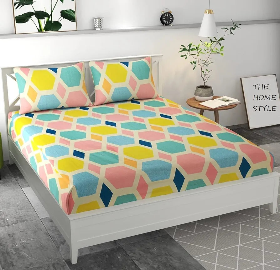 THE HOME STYLE Cotton Feel Glace Elastic Fitted Printed Double Bed King Size Bedsheet With 2 Pillow Cover 