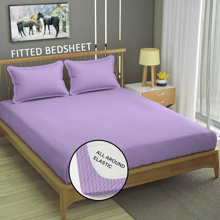 Homefab India 160 TC Stripe Cotton Feel Glace Cotton Elastic Fitted King Size Double Bed Bedsheet with 2 Pillow Covers Fits Upto 6 inches Mattress, Size-72X78 inches, Purple