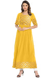 Janasya Women's Poly Crepe Gold Print Flared Kurta Mustard Yellow