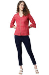 Janasya Women's Red Cotton Checkered Regular Top