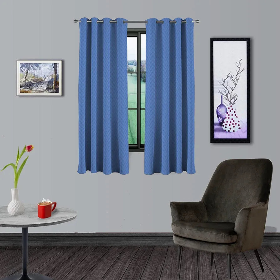 Divine Casa Zigzag Design Window Curtains 5 Feet | Blue | Lightweight Polyester Panels with Metal Grommets for Home Decor | Set of 2
