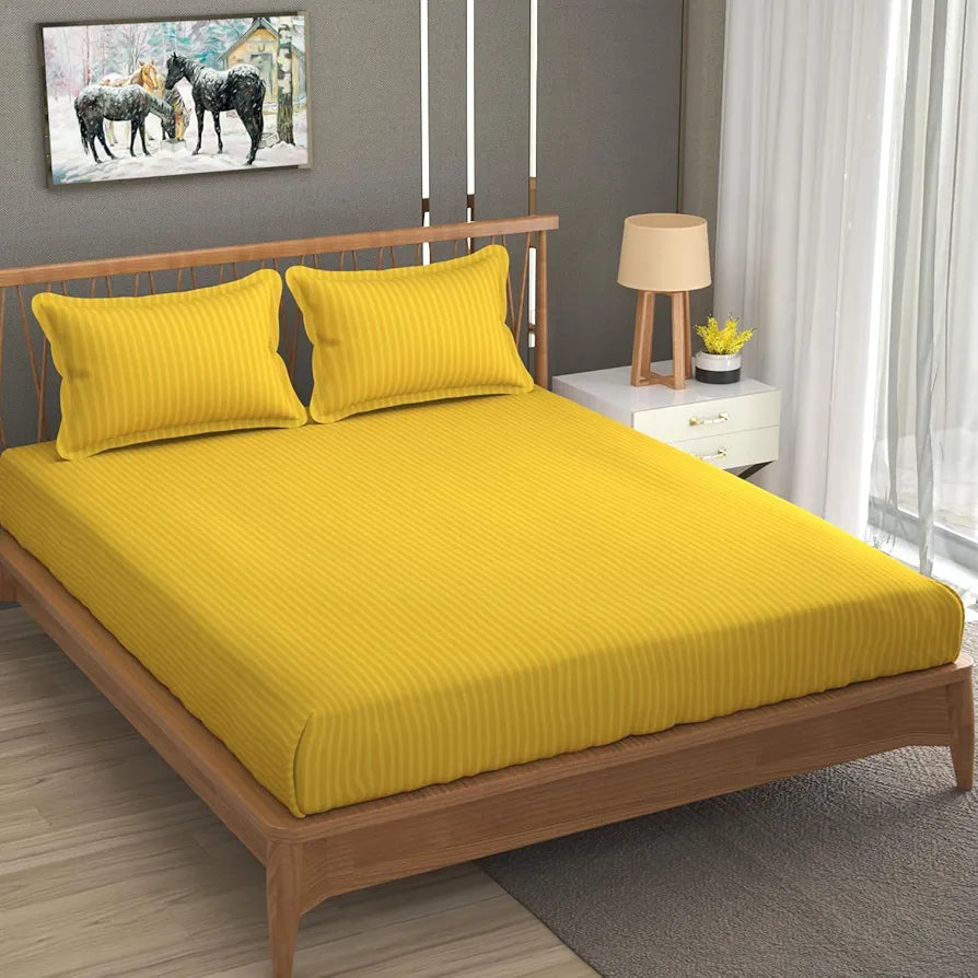 Homefab India 160 TC Stripe Glace Cotton Double BedSheet with 2 Pillow Covers -  - Yellow
