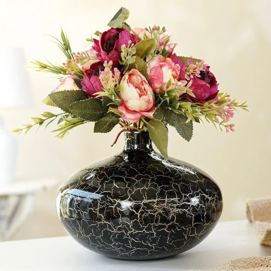Behoma Metal Flower Vase for Home Decor Bedroom Living Room Office Wedding | Table Decorative Item for Festivals Birthday Crackle Finish Wide Vase 