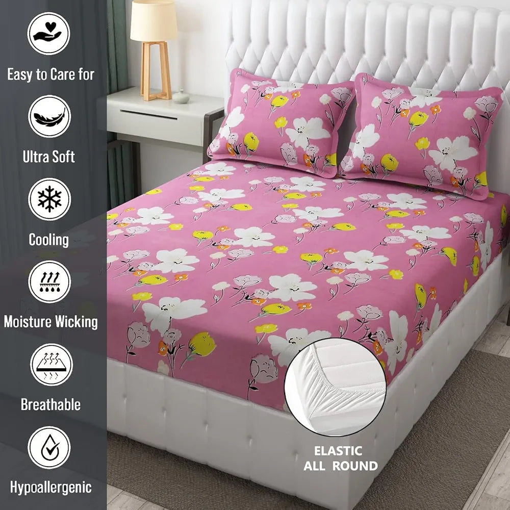 FRESH FROM LOOM Elastic Fitted Floral Bed Sheets|Bed Covers For Mattresses Tuck In|Soft Glace Cotton Fitted Bedsheet King Size Bed With Two Pillow Cover,144 TC