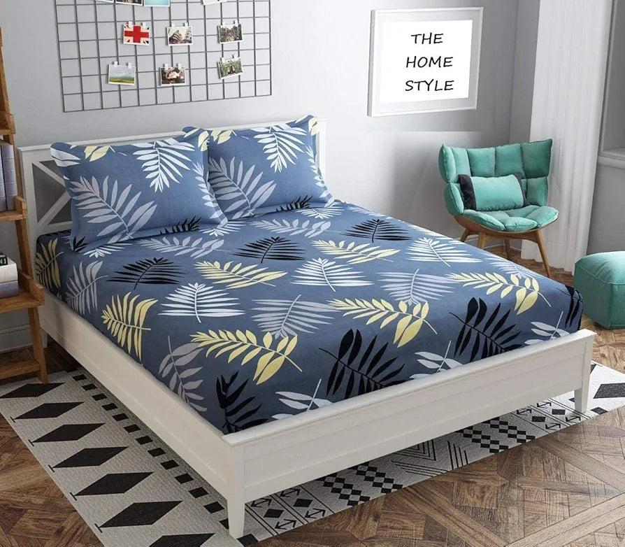THE HOME STYLE Cotton Feel Glace Cotton 300 Threadcount Elastic Fitted Printed Queen Size Double Bed Bedsheet With 2 Pillow Cover 60
