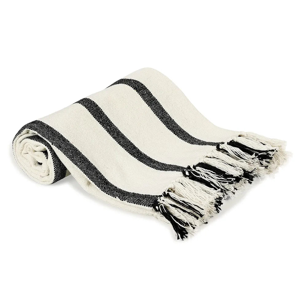 SASHAA WORLD Striped Throw Blanket | Throw Blanket for Living Room, Bedroom, Sofa & Chair | Beige & Black Throw Blanket | Size 180 x 200 cm Pack of 1