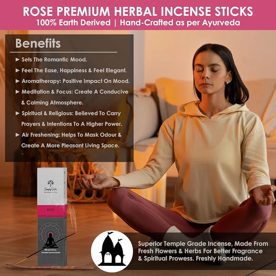 Simply Vedic Rose Incense Sticks 250g with Holder – 135 Hand-Rolled Agarbatti | Natural, Charcoal-Free, Long-Lasting Floral Aroma for Meditation, Yoga, Aromatherapy, Spiritual Healing & Gift Use