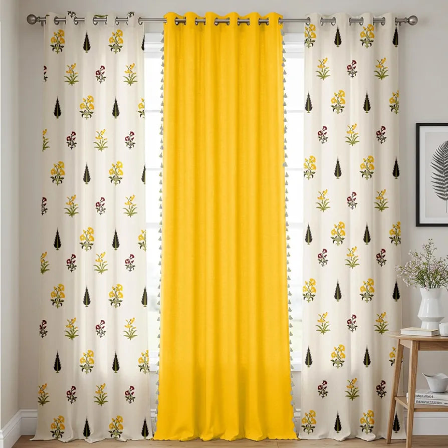 Urban Space Floral 100% Cotton Curtains For Door, Set Of 3 Curtains 7 Feet Long, 60-65% Light-Filtering Curtain, Tieback & Eyelets Included With Curtains For Home Decor 