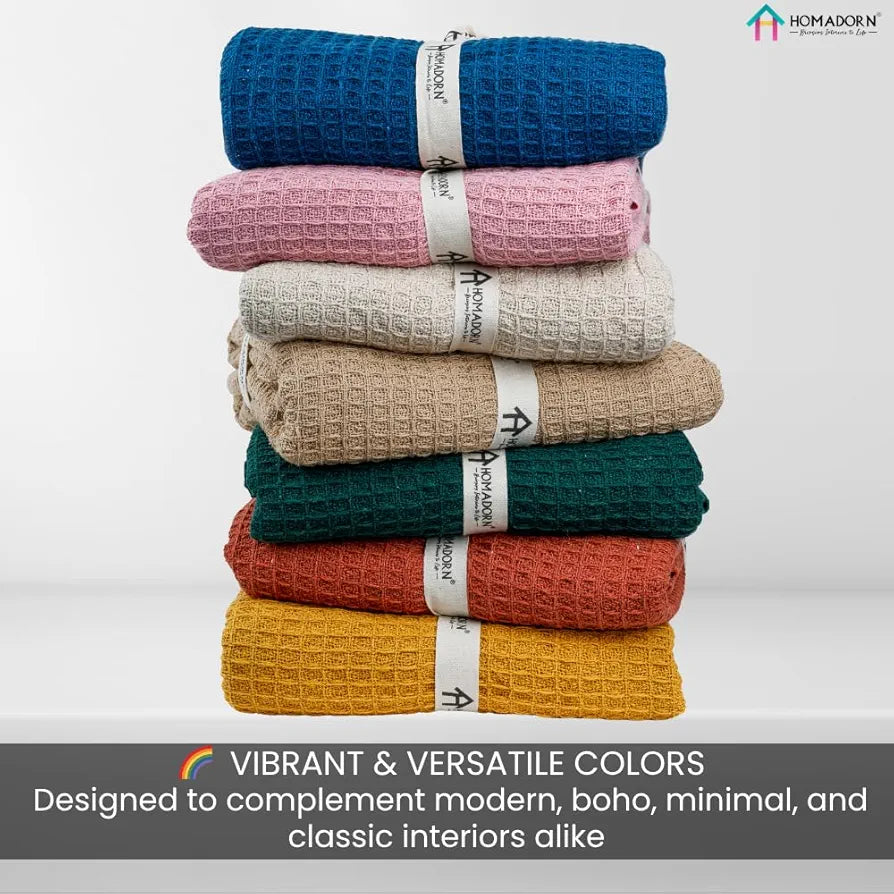 HOMADORN Waffle Weave Cotton Throw Blanket – Lightweight, Breathable & Cozy for Sofa or Bed  Bottle Green