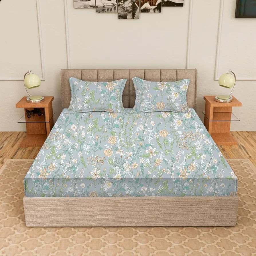 Trance Home Linen Skin Friendly 100% Cotton Printed Fitted Bedsheet for Queen Size Bed with 2 Pillow Cover - Premium 180TC 