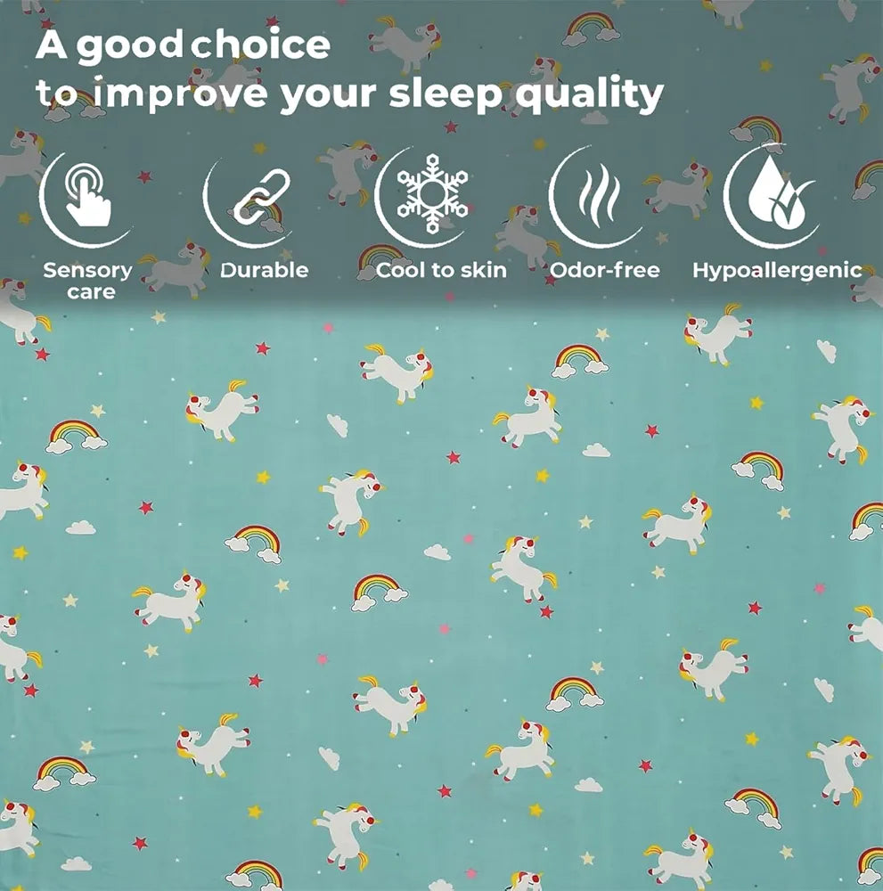 FRESH FROM LOOM Wrinkle Free Glace Cotton Elastic Printed Fitted Single Bed Bedsheet For Kids With One Pillow Cover|Unicorn),Small Single,Blue, 300 TC