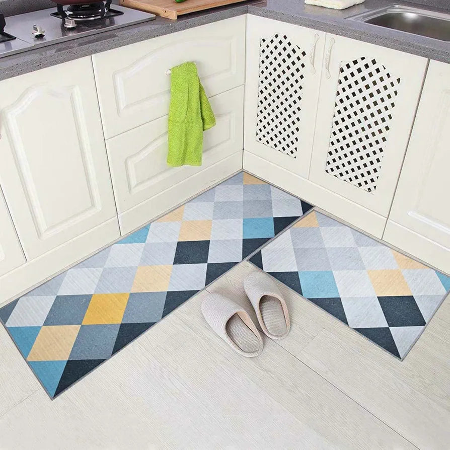 ishro home Soft Velvet Kitchen Mats For Floor Anti Slip Waterproof | Set Of 2 Pcs| Non-Skid, Soft Absorbent Rectangular Rugs For Kitchen, Laundry, Hallway|137X45Cm, 45X71Cm| 4Mm Thickness, Multicolor