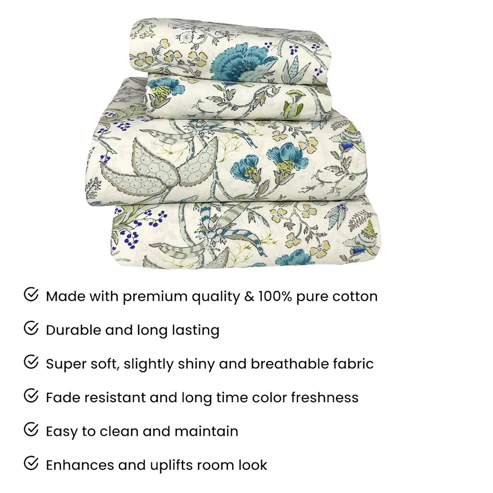 SAJAVAT HOME 100% Pure Cotton King Size 500 TC Floral Bedsheet Set with 2 Pillow Covers|Soft, Breathable & Skin-Friendly|Sky Blue & Anokhi Print|Luxury Bedding, 96x104 Inches 