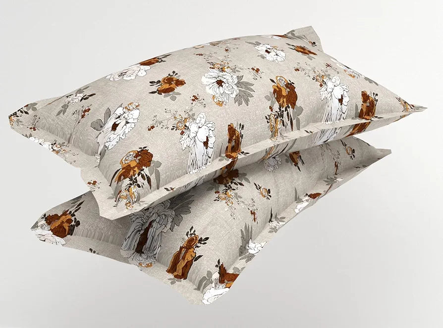 HOMEKART Premium Cotton Elastic Fitted Bedsheets with 2 King Size Pillow Covers Double Bed with All Around Elastic Supersoft Size - 72 x 78 +10 inches Flower Print Beige and Brown 200 tc - 220 tc