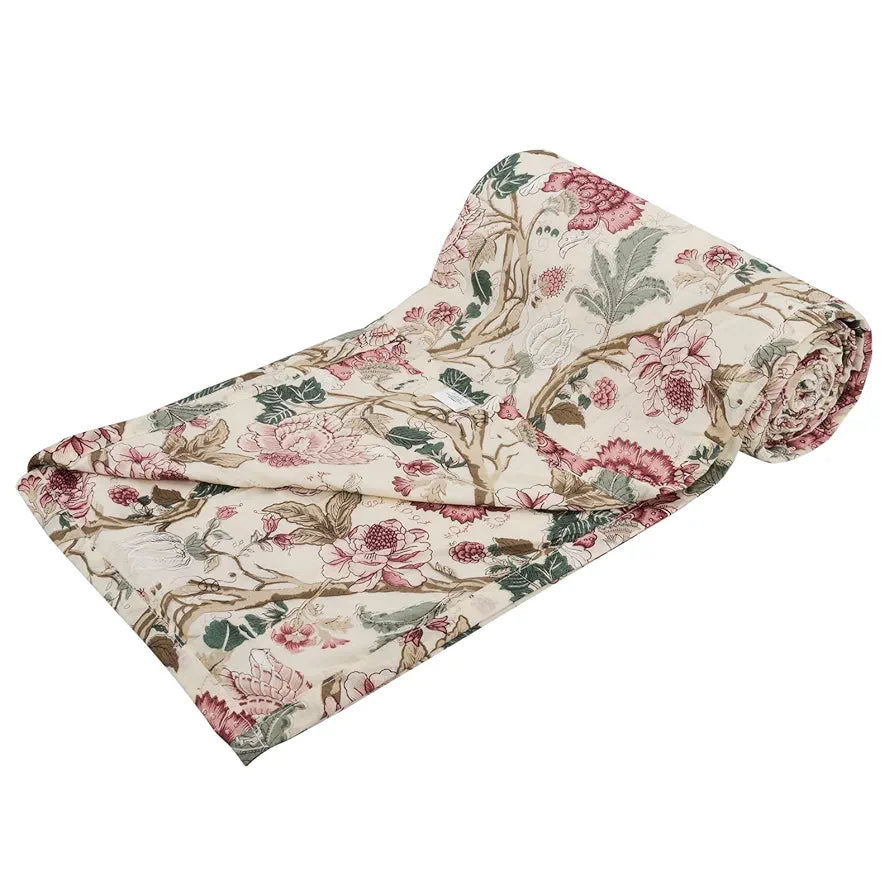 Trance Home Linen 100% Cotton Reversible Dohar Single Bed Size | Jaipuri Printed Artisan Block Design Blanket | Soft Lightweight Ac Comforter Quilt 