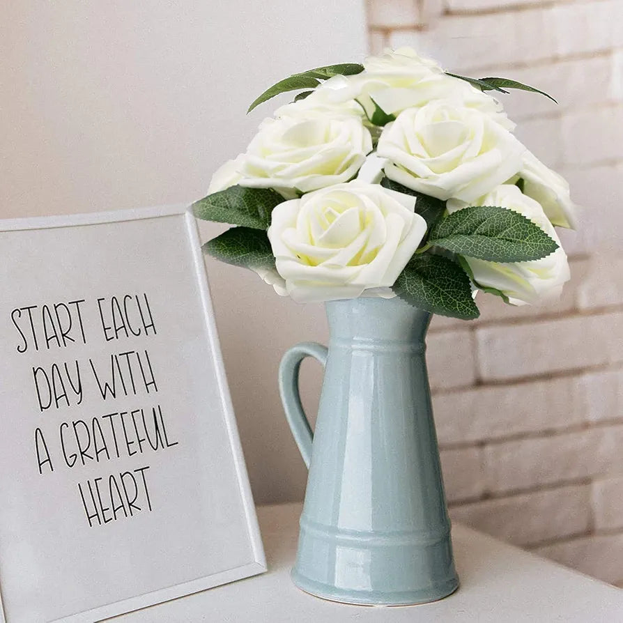 Higfra Artificial Flowers Cream Fake Roses Real Looking Foam Roses Flowers w/Stem for DIY Home Decoration Wedding Bouquets Centerpieces Arrangements Party Baby Shower - Cream