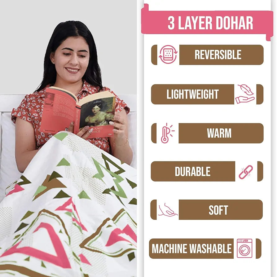 Divine Casa Glace Cotton 120 GSM Ultrasoft Reversible Lightweight Printed Double Bed AC Dohar Blanket for Mild Winter - | TC - 120