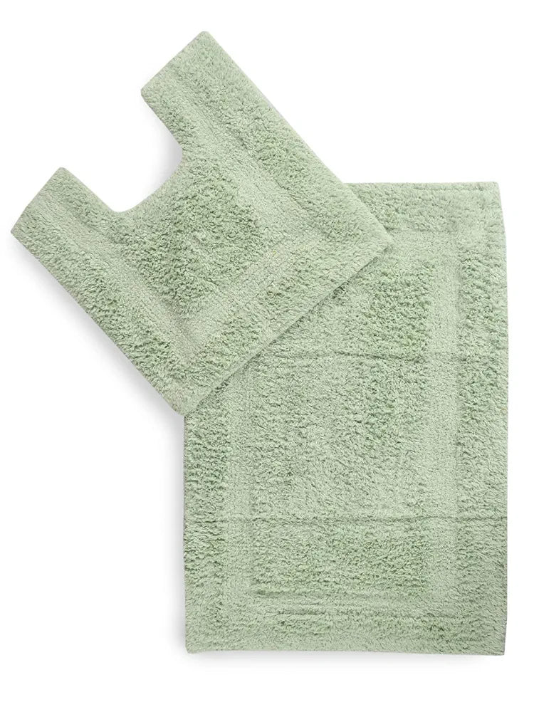 SASHAA WORLD Solid Anti-Skid Cotton Bathmat and Contour Set for Bathroom, Ultra Soft & Absorbent, Tufted Weave, Anti-Slip Latex Backing, Includes Contour & Rectangle Mat, 50X80cm, Mint Pack of 2