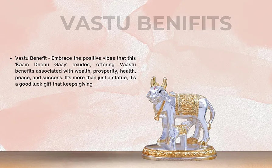 Gold Art India Kamdhenu Cow with Calf Idol Gold Silver Plated | Home Decor Gaay Bachda Cow |Calf for Vastu | Positive Energy | Wealth Idol Diwali Puja | Housewarming 3.3