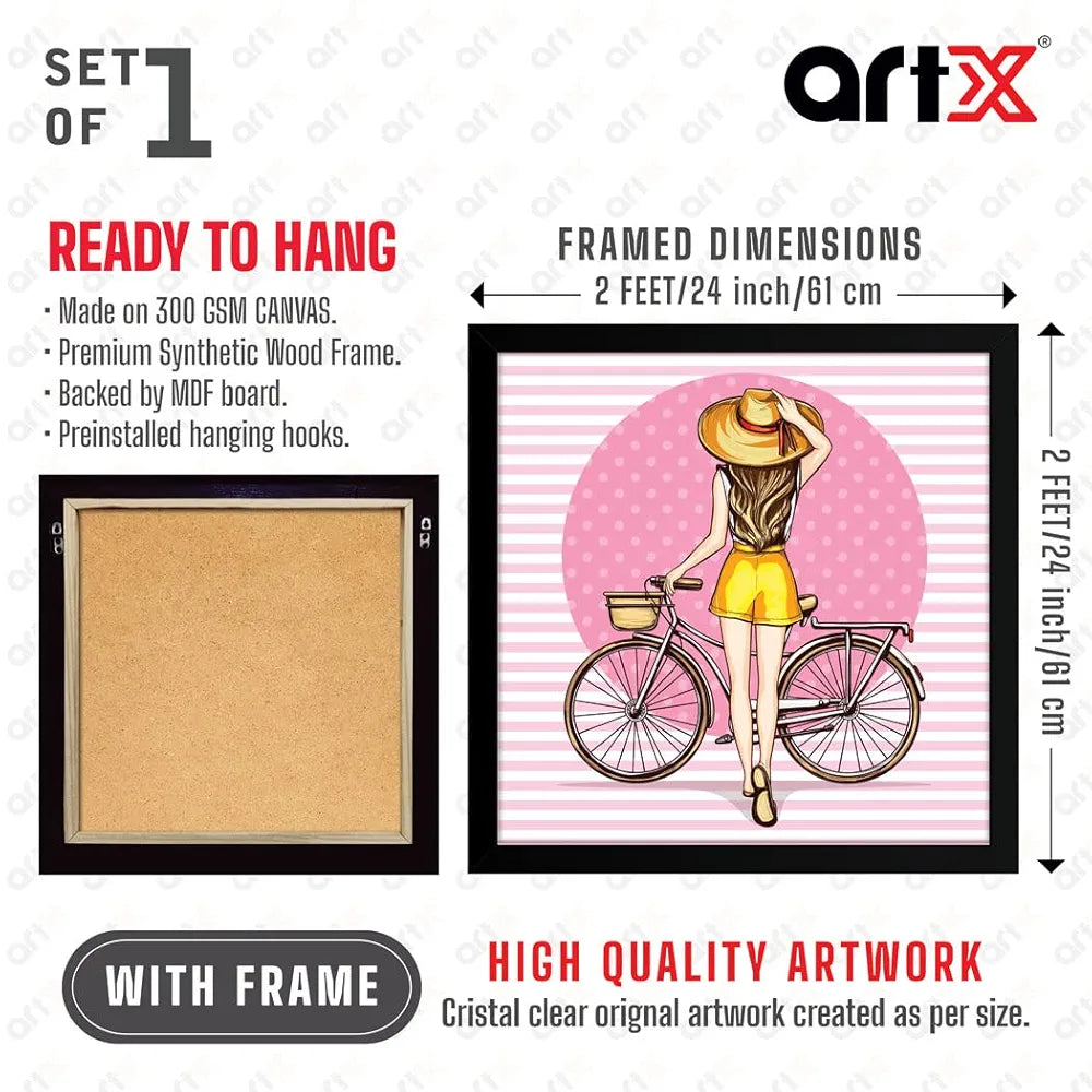 ArtX Woman Cycle Pink Background Pop Art Big Canvas Painting For Bedroom and Living Room With Frame, Multicolour, Square, 24.0 x 24.0 inch, 2x2 Feet, Set Of 1