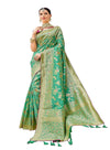 Monjolika Fashion Women's Banarasi Silk Blend Zari Woven Work With Tussles Saree & Embroidered Work Blouse Piece