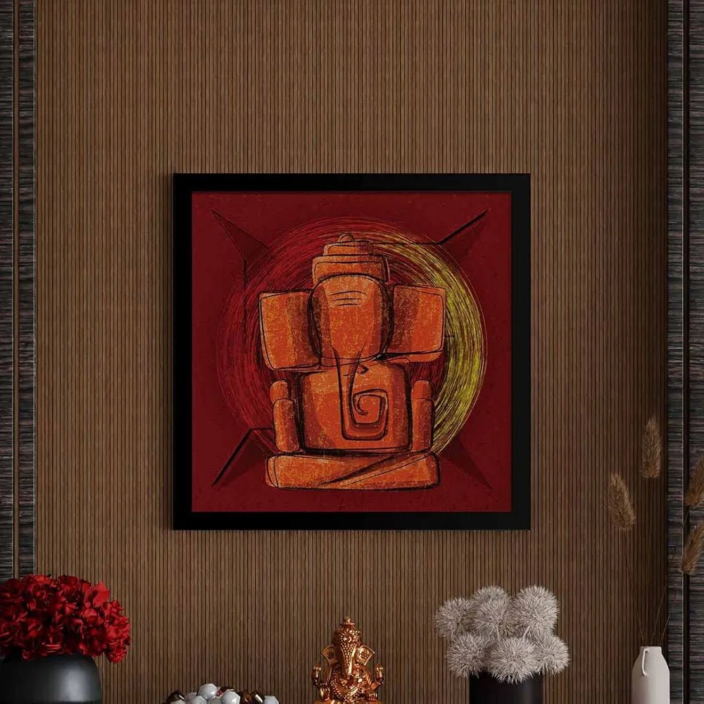 ArtX Swastik Ganesh Ji Big Canvas Painting For Living Room With Frame, Multicolour, Square, 24.0 x 24.0 inch, 2x2 Feet, Set Of 1